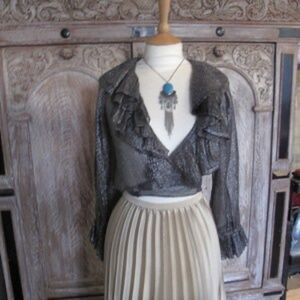 SAINT LAURENT Rive Gauche silky ruffle lurex wrap over blouse, size small